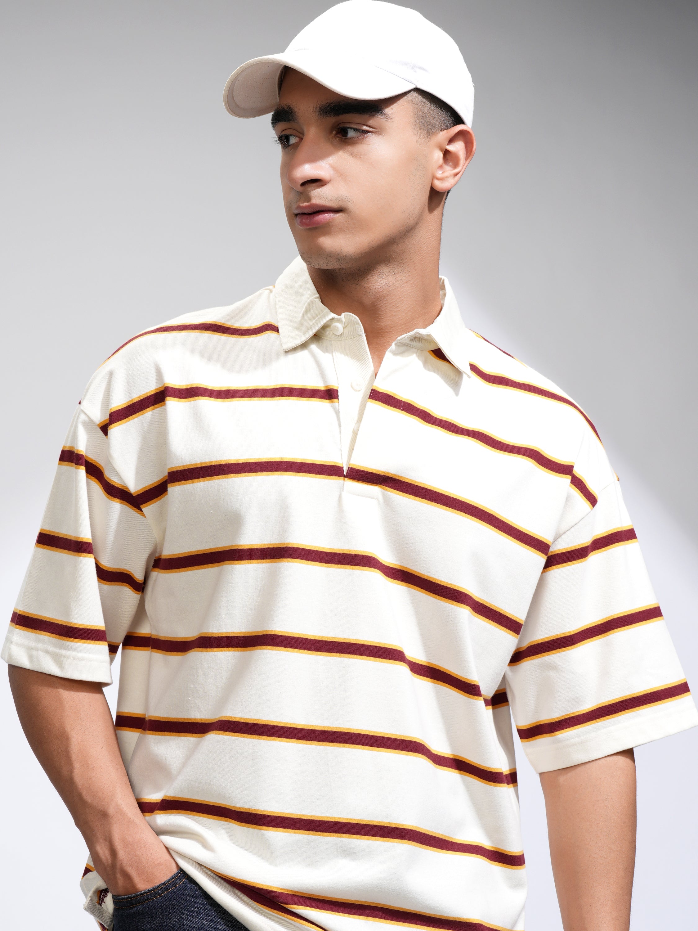 Highlander Men Off White Striped Polo Collar T-Shirt - Off White - Image 1