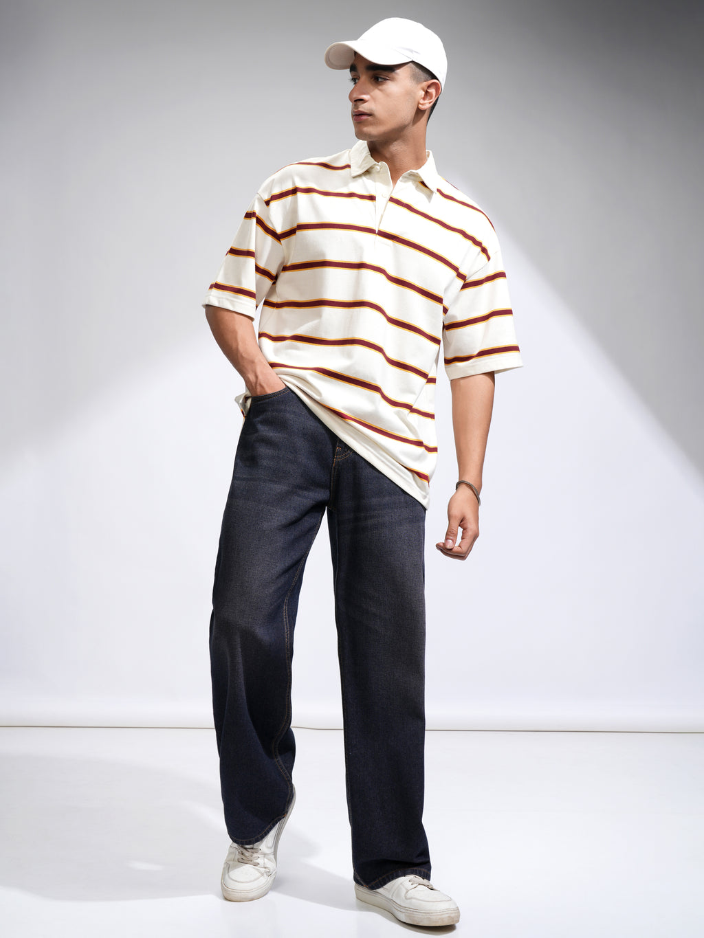 Highlander Men Off White Striped Polo Collar T-Shirt - Off White - Image 2