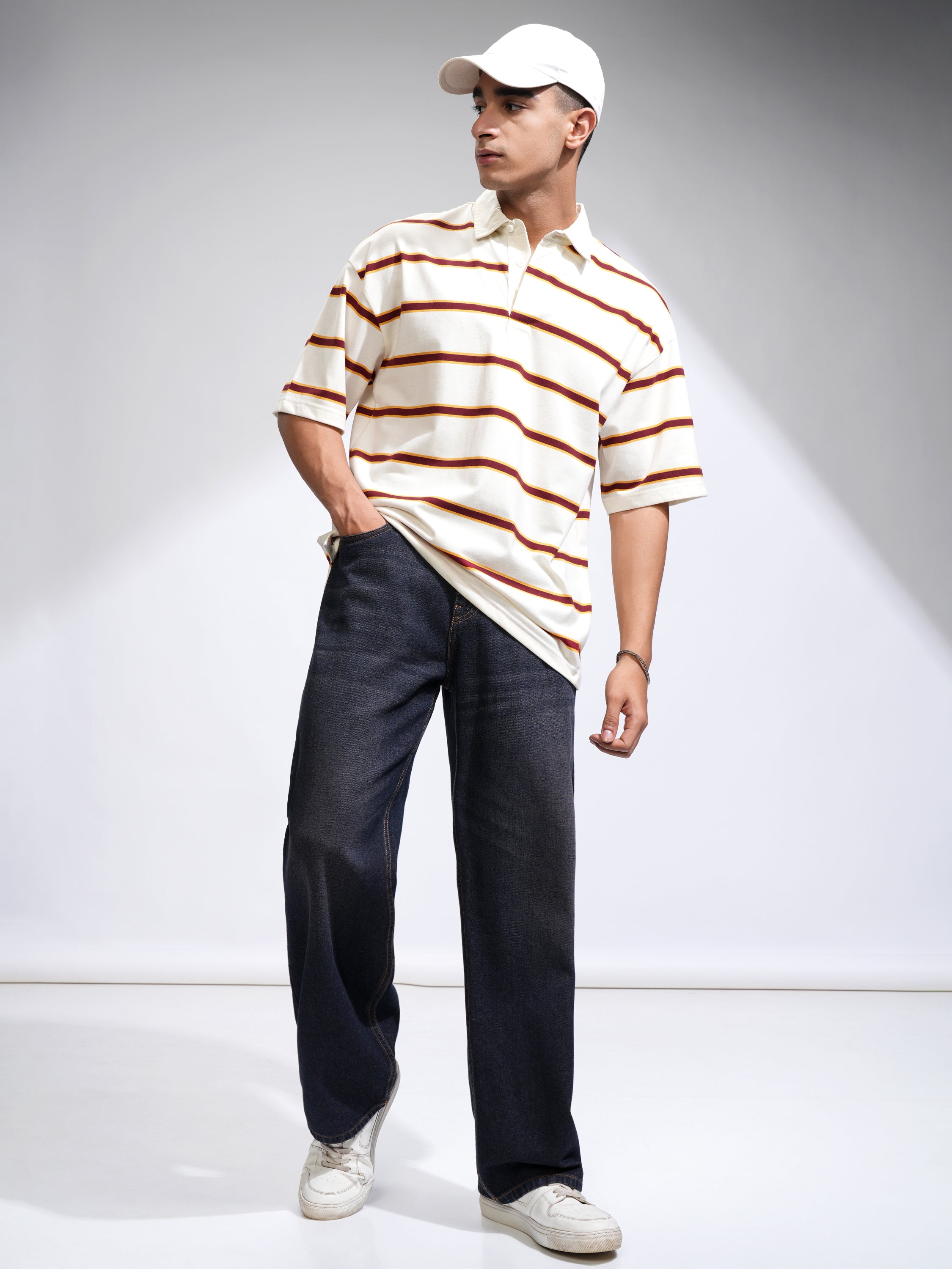 Highlander Men Off White Striped Polo Collar T-Shirt - Off White - Image 2