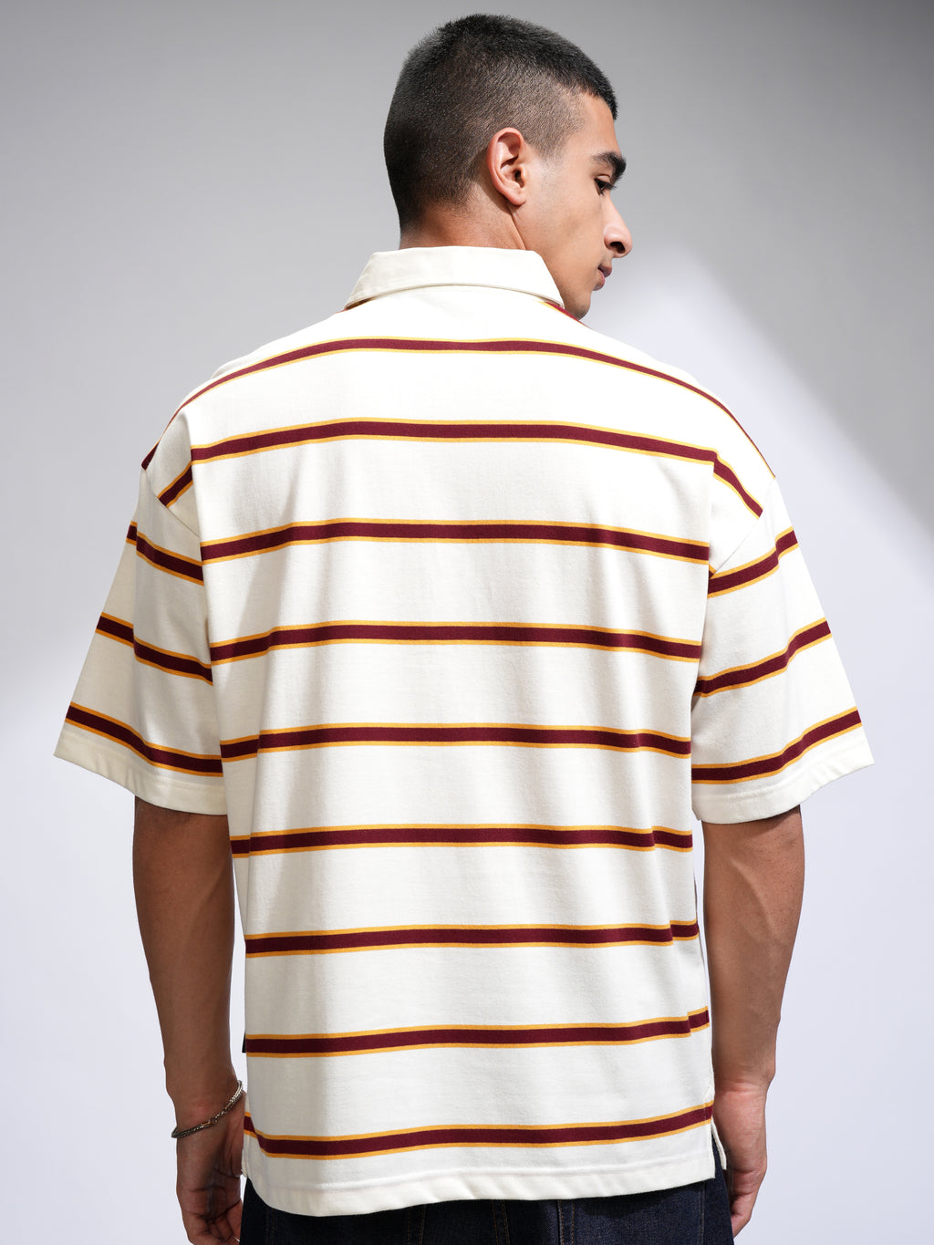 Highlander Men Off White Striped Polo Collar T-Shirt - Off White - Image 3