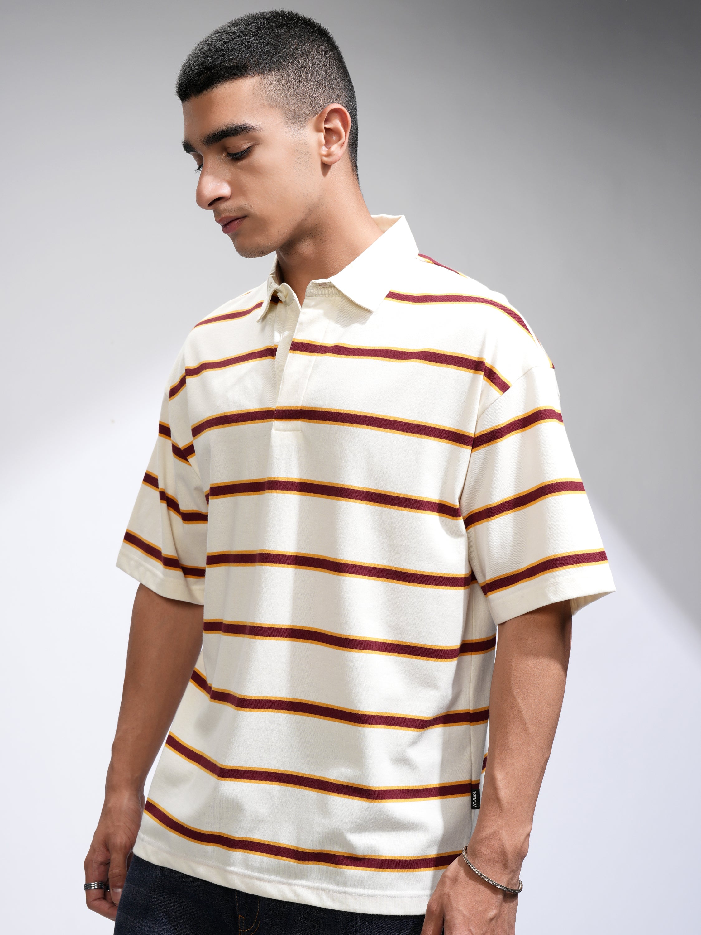 Highlander Men Off White Striped Polo Collar T-Shirt - Off White - Image 4