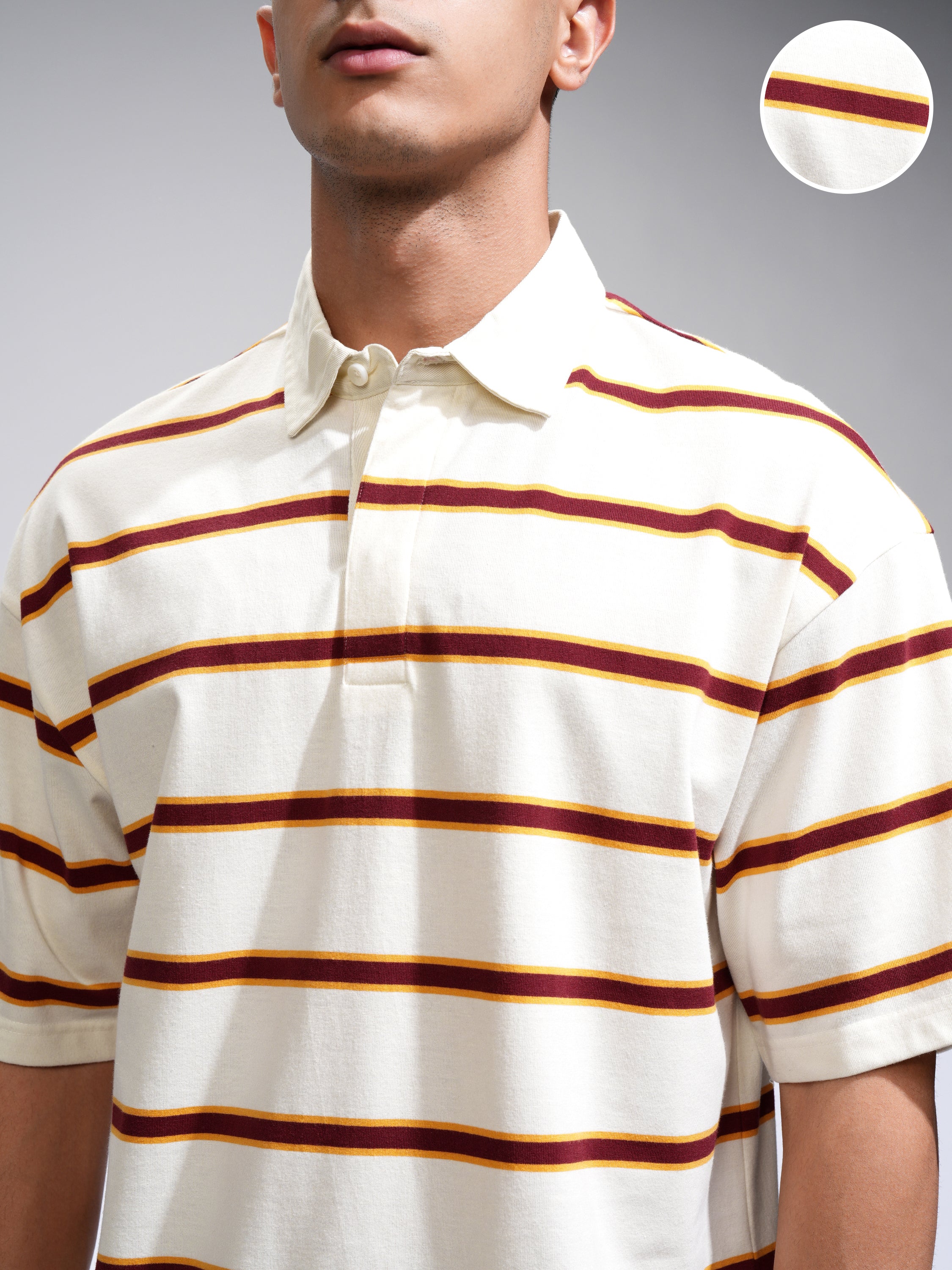Highlander Men Off White Striped Polo Collar T-Shirt - Off White - Image 5