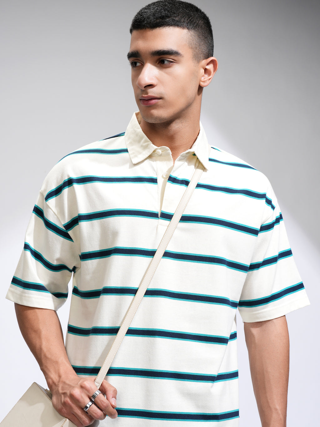 Highlander Men Off White Striped Polo Collar T-Shirt - Off White - Image 1