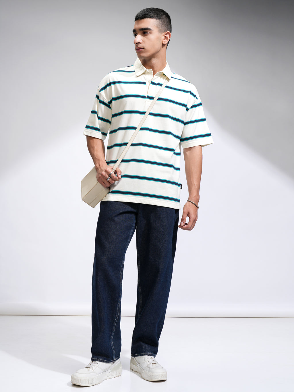 Highlander Men Off White Striped Polo Collar T-Shirt - Off White - Image 2