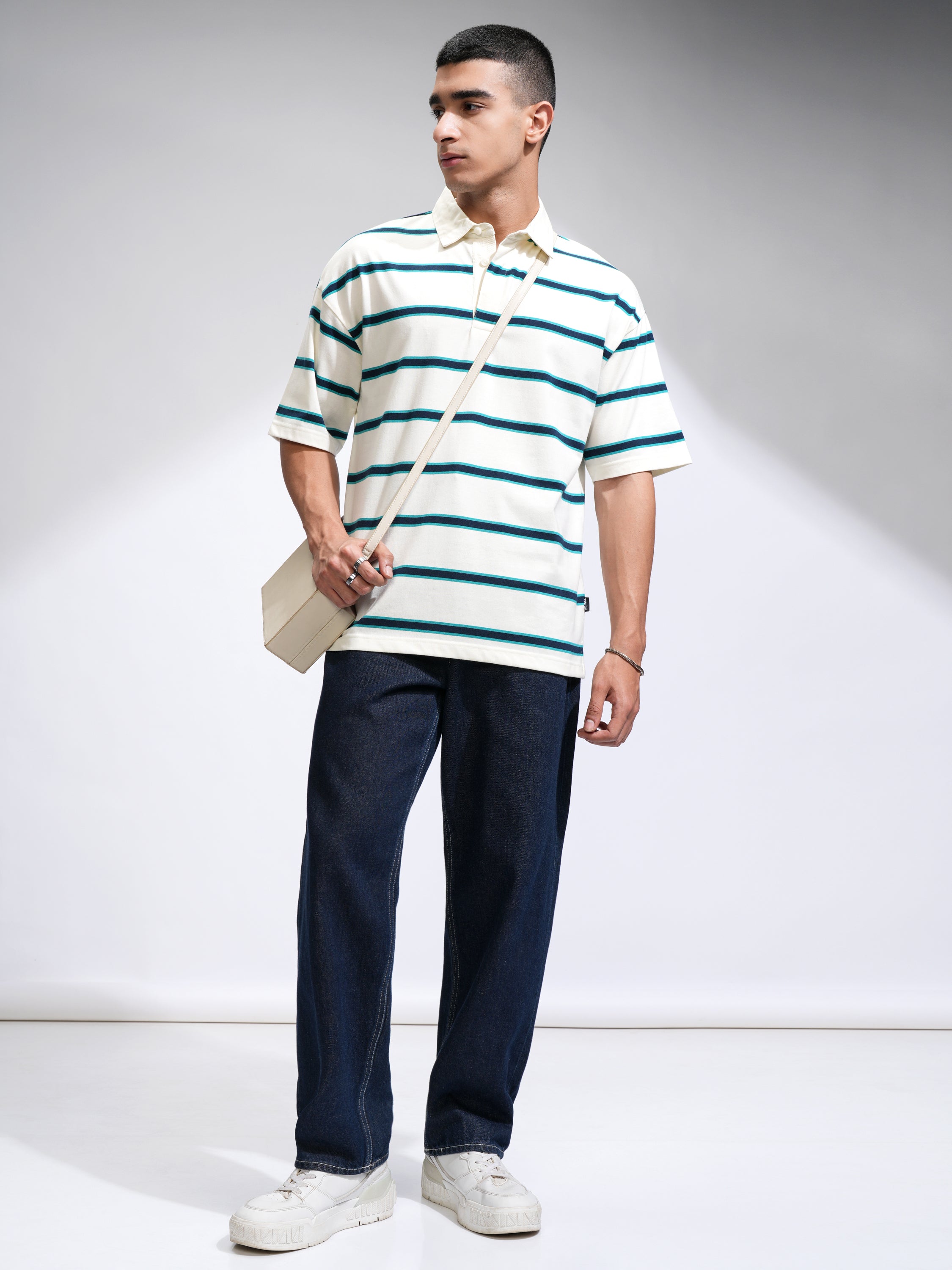 Highlander Men Off White Striped Polo Collar T-Shirt - Off White - Image 2