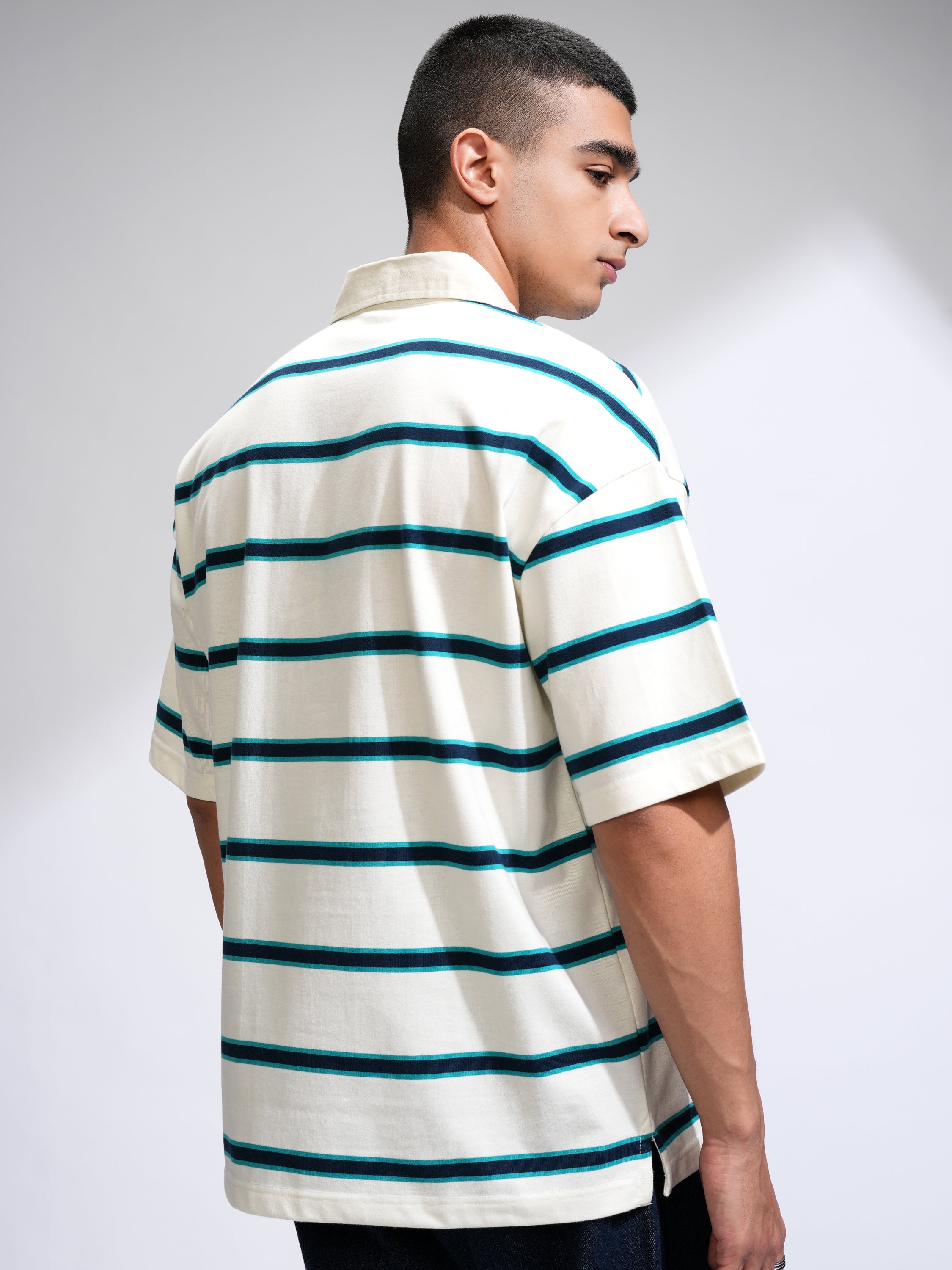 Highlander Men Off White Striped Polo Collar T-Shirt - Off White - Image 3