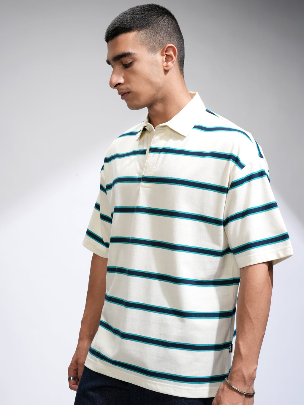 Highlander Men Off White Striped Polo Collar T-Shirt - Off White - Image 4