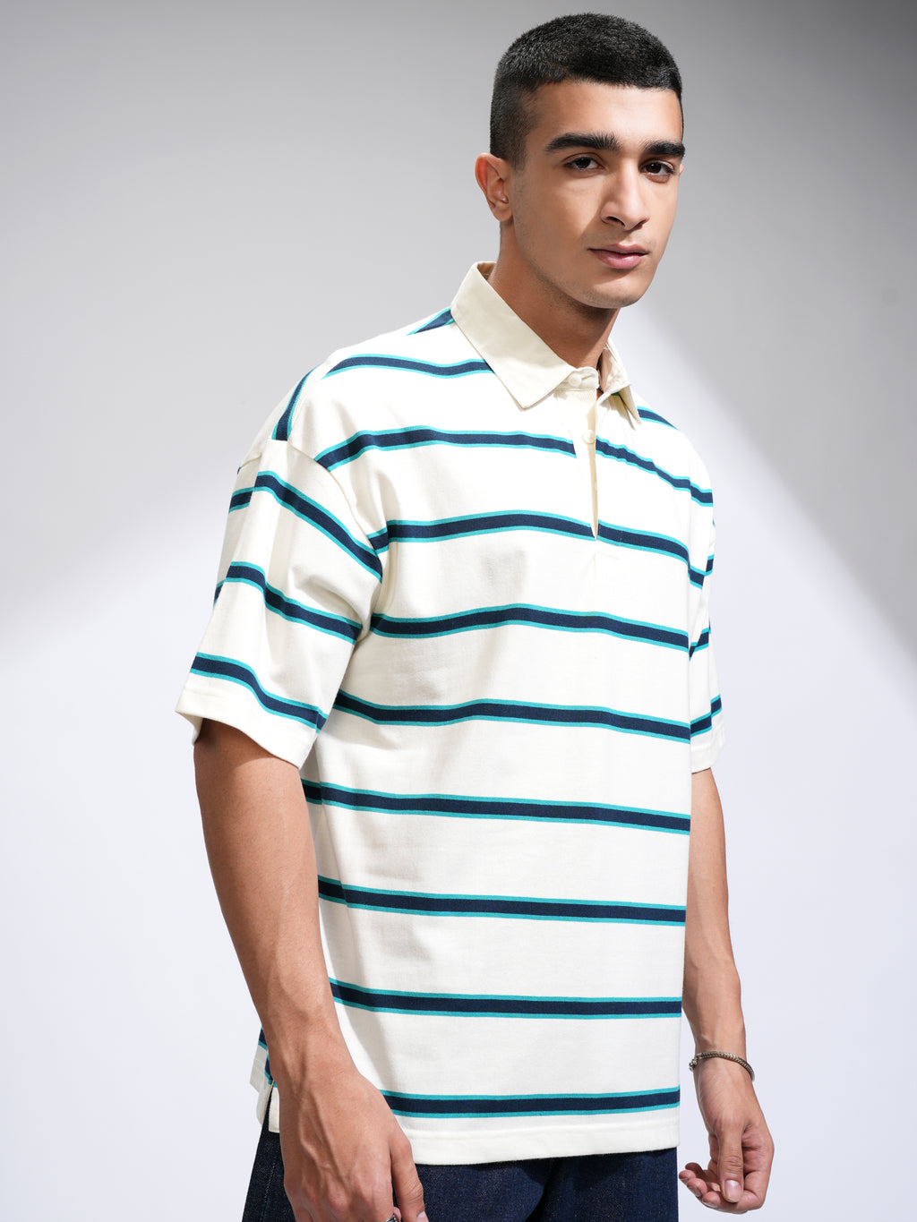 Highlander Men Off White Striped Polo Collar T-Shirt - Off White - Image 6