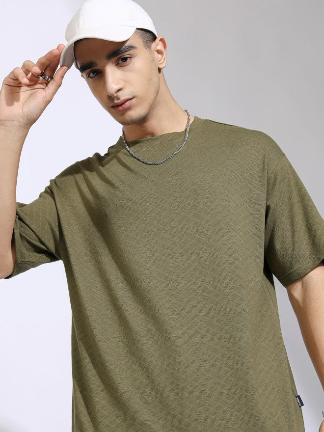 Highlander Men Olive Self Design Relaxed Fit T-Shirt - Olive - Image 1