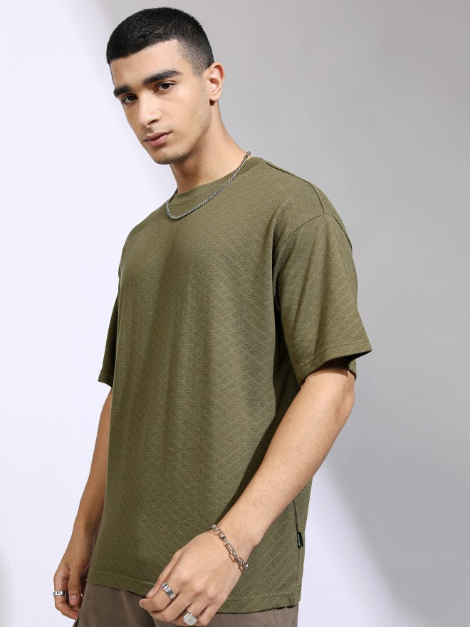 Highlander Men Olive Self Design Relaxed Fit T-Shirt - Olive - Image 4