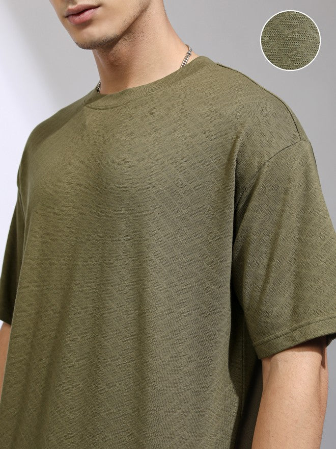 Highlander Men Olive Self Design Relaxed Fit T-Shirt - Olive - Image 5