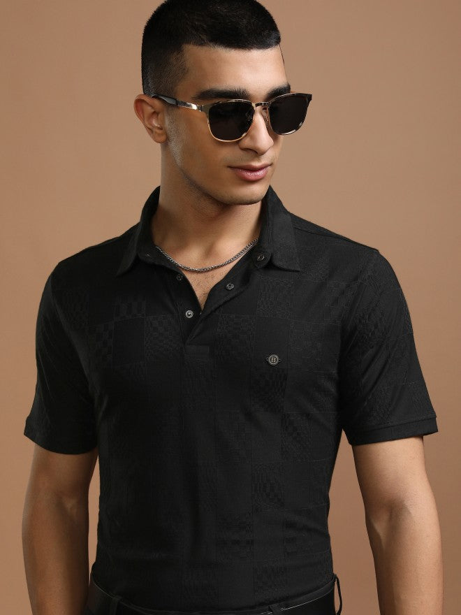 Highlander Men Black Self Design Polo Collar T-Shirt - Black - Image 1