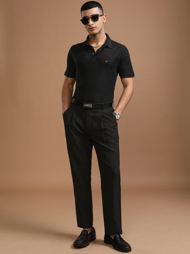 Highlander Men Black Self Design Polo Collar T-Shirt - Black - Image 2