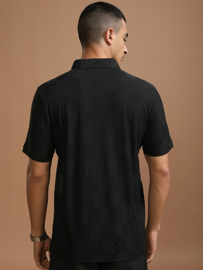 Highlander Men Black Self Design Polo Collar T-Shirt - Black - Image 3