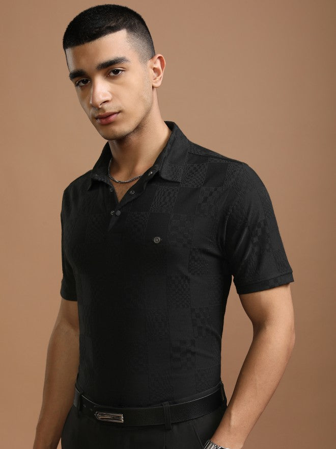 Highlander Men Black Self Design Polo Collar T-Shirt - Black - Image 4