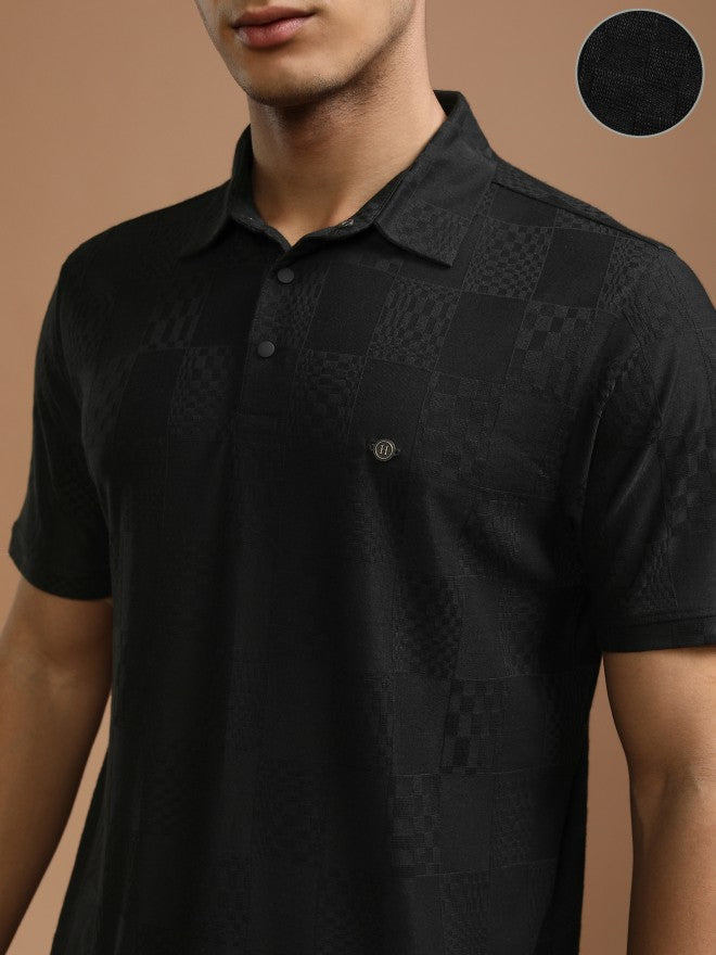 Highlander Men Black Self Design Polo Collar T-Shirt - Black - Image 5