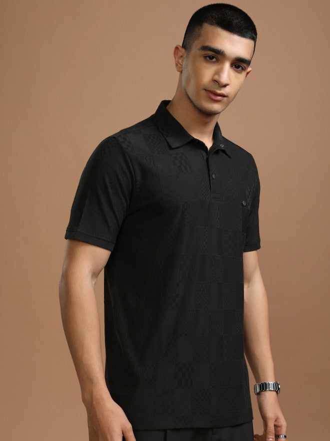 Highlander Men Black Self Design Polo Collar T-Shirt - Black - Image 6
