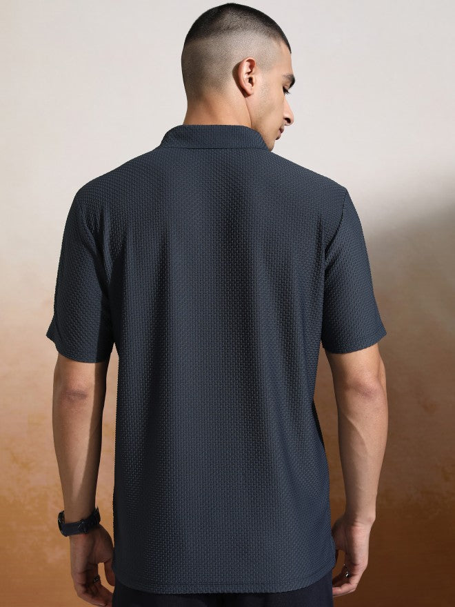 Highlander Men Charcoal Self Design Polo Collar T-Shirt - Charcoal - Image 3