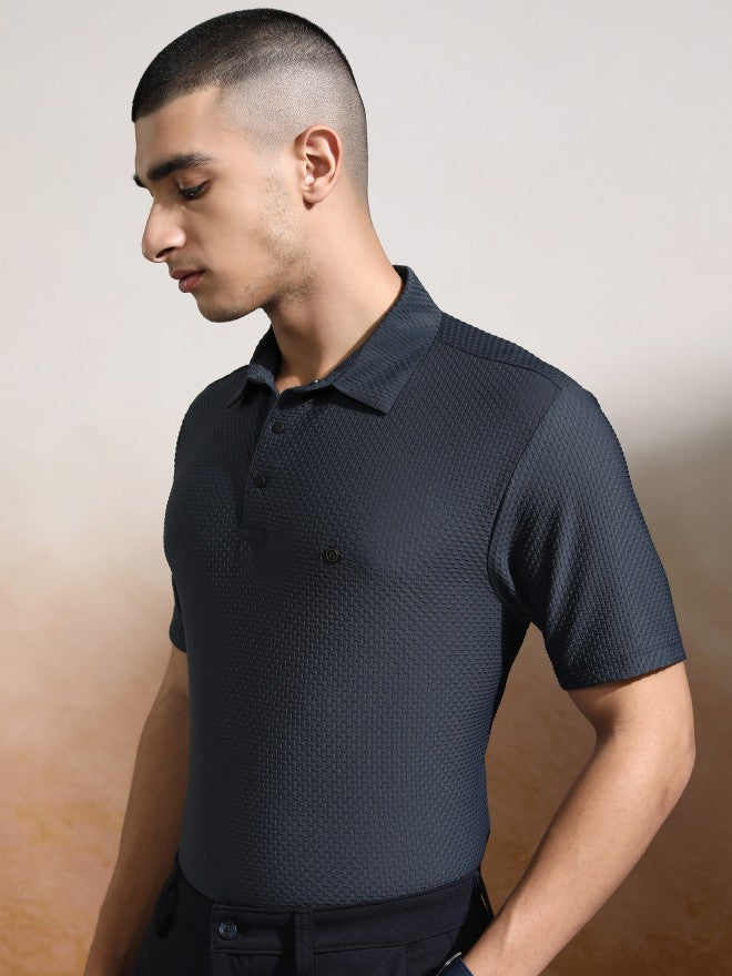 Highlander Men Charcoal Self Design Polo Collar T-Shirt - Charcoal - Image 4