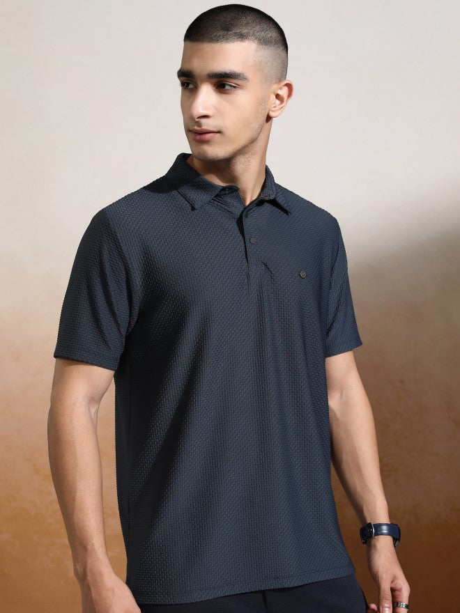 Highlander Men Charcoal Self Design Polo Collar T-Shirt - Charcoal - Image 6