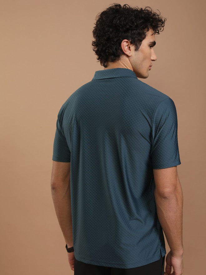 Highlander Men Teal Self Design Polo Collar T-Shirt - Teal - Image 3