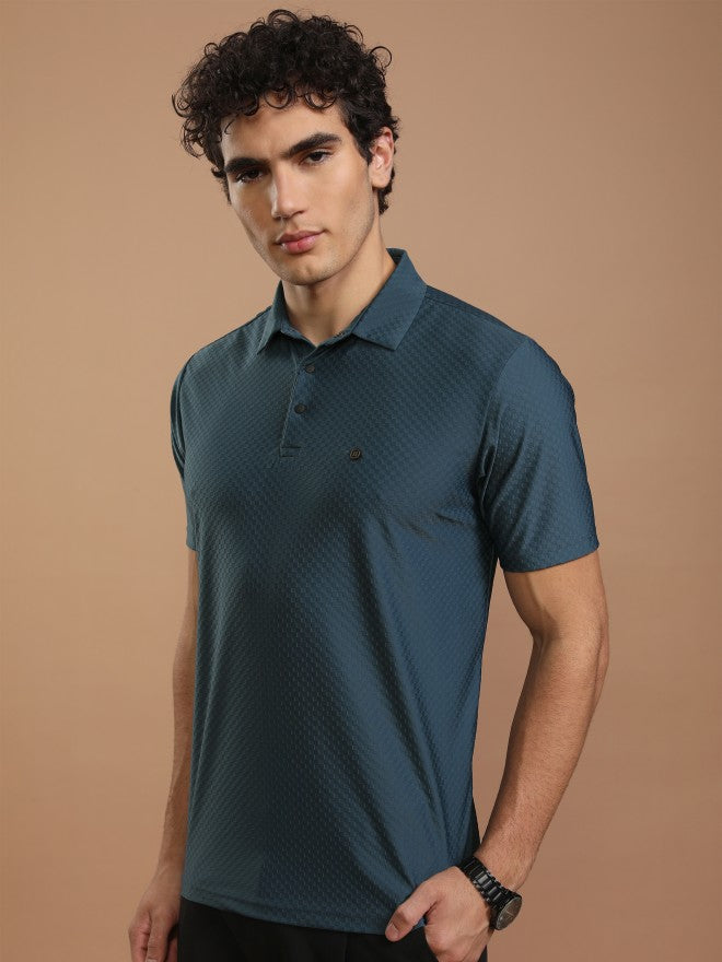Highlander Men Teal Self Design Polo Collar T-Shirt - Teal - Image 4