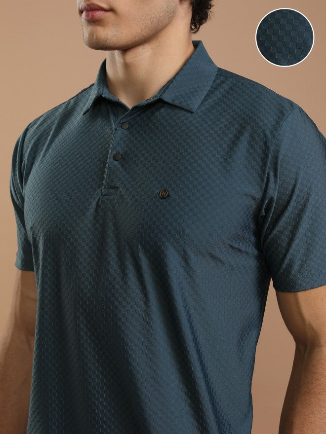 Highlander Men Teal Self Design Polo Collar T-Shirt - Teal - Image 5