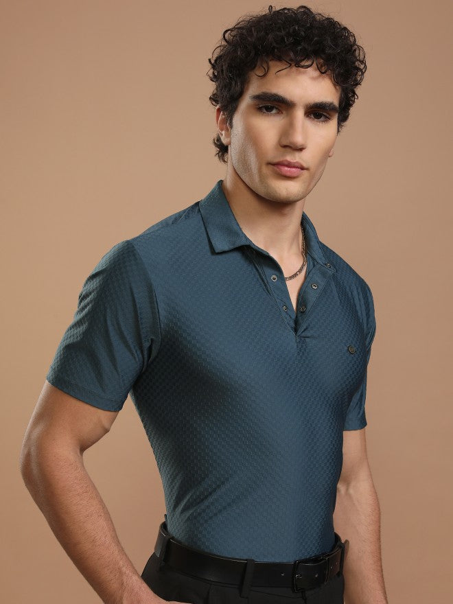 Highlander Men Teal Self Design Polo Collar T-Shirt - Teal - Image 6