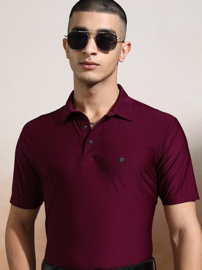 Highlander Men Maroon Self Design Polo Collar T-Shirt - Maroon - Image 1