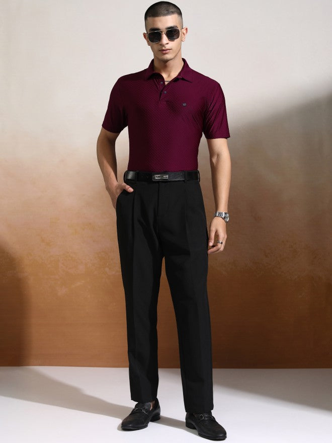 Highlander Men Maroon Self Design Polo Collar T-Shirt - Maroon - Image 2