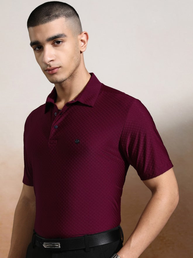 Highlander Men Maroon Self Design Polo Collar T-Shirt - Maroon - Image 4