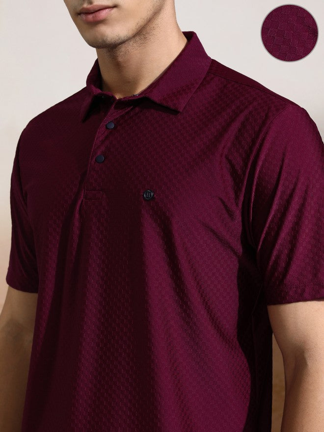 Highlander Men Maroon Self Design Polo Collar T-Shirt - Maroon - Image 5