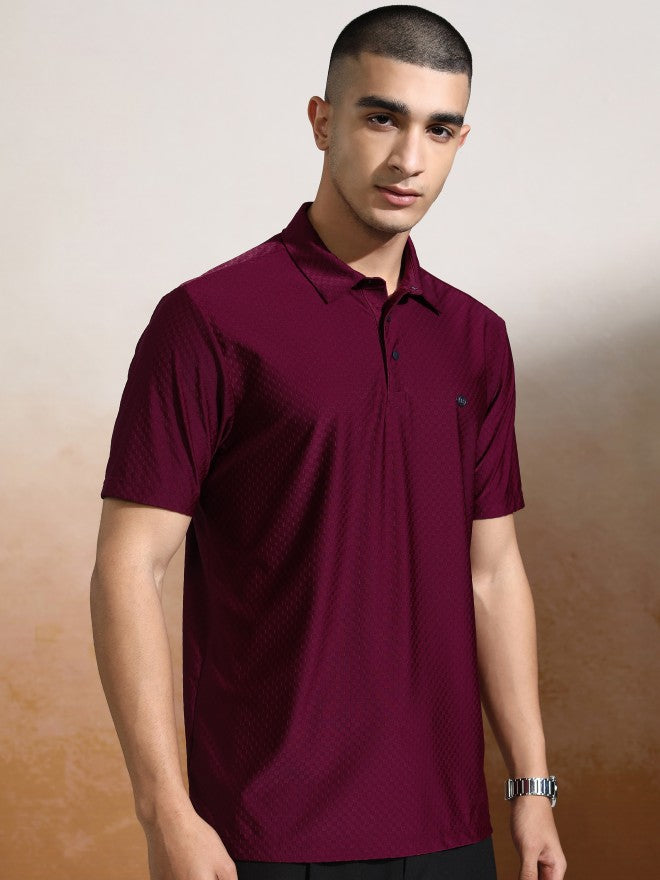 Highlander Men Maroon Self Design Polo Collar T-Shirt - Maroon - Image 6