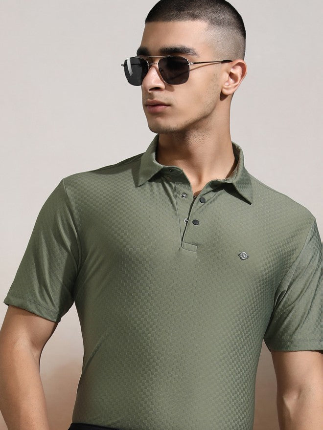 Highlander Men Olive Self Design Polo Collar T-Shirt - Olive - Image 1