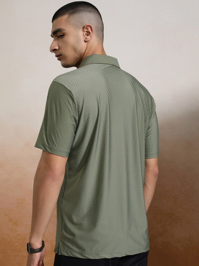 Highlander Men Olive Self Design Polo Collar T-Shirt - Olive - Image 3