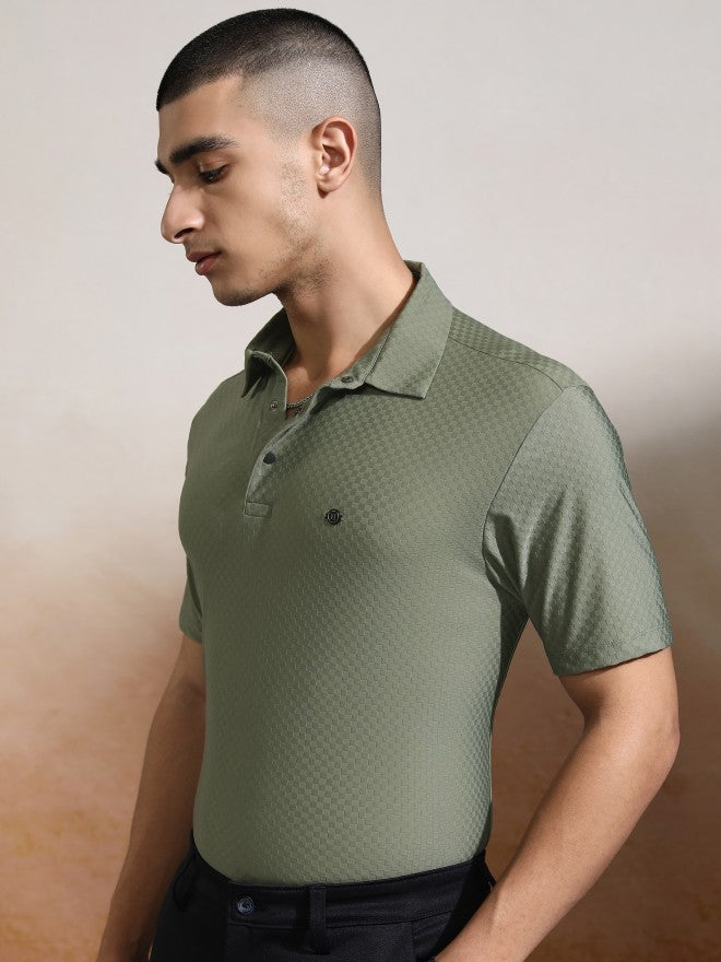 Highlander Men Olive Self Design Polo Collar T-Shirt - Olive - Image 4