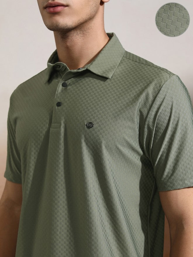 Highlander Men Olive Self Design Polo Collar T-Shirt - Olive - Image 5