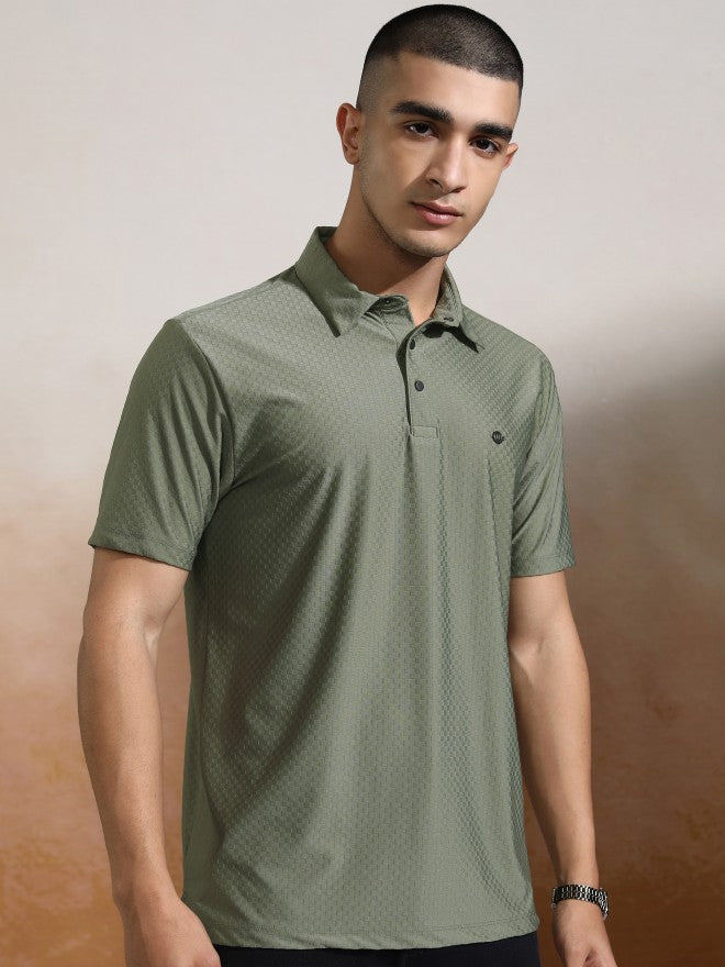 Highlander Men Olive Self Design Polo Collar T-Shirt - Olive - Image 6