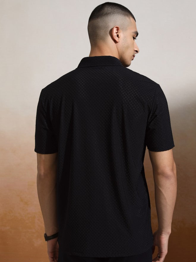 Highlander Men Black Self Design Polo Collar T-Shirt - Black - Image 3