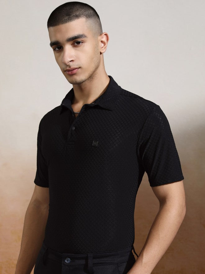 Highlander Men Black Self Design Polo Collar T-Shirt - Black - Image 4