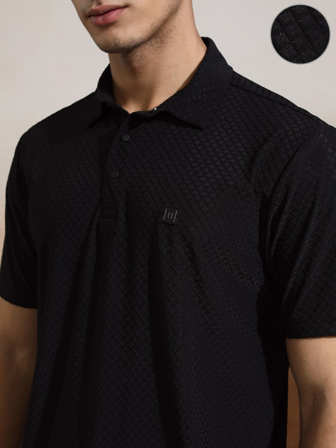 Highlander Men Black Self Design Polo Collar T-Shirt - Black - Image 5