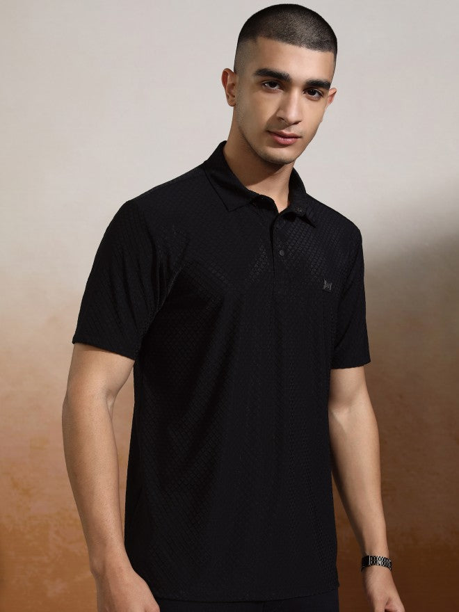 Highlander Men Black Self Design Polo Collar T-Shirt - Black - Image 6