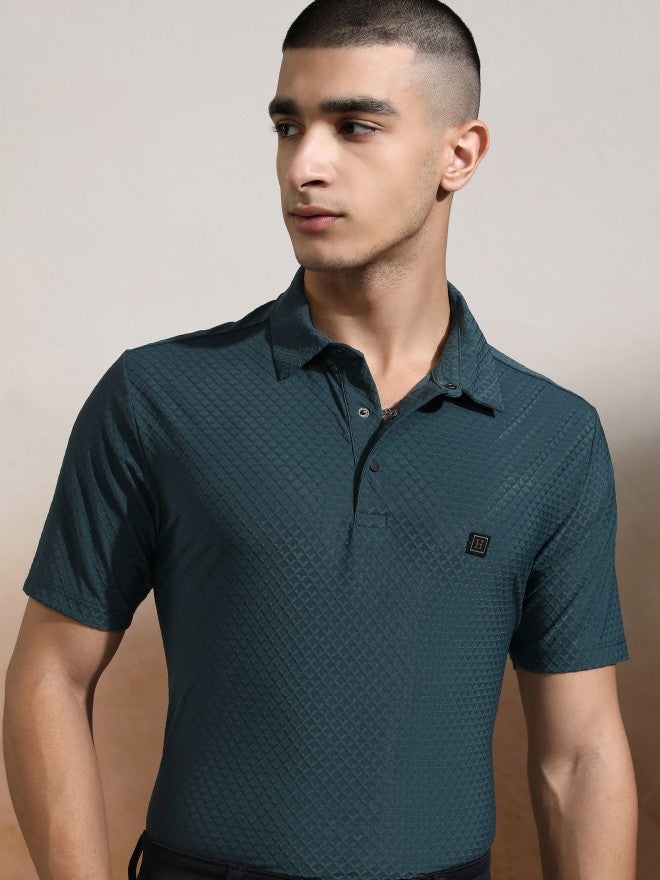 Highlander Men Teal Self Design Polo Collar T-Shirt - Teal - Image 1