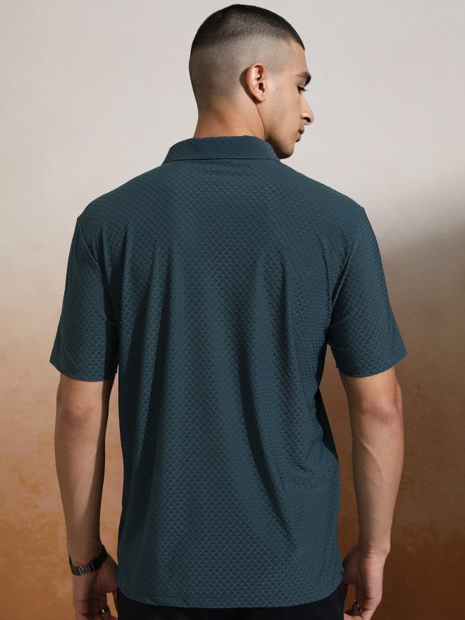 Highlander Men Teal Self Design Polo Collar T-Shirt - Teal - Image 3