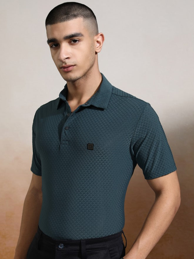 Highlander Men Teal Self Design Polo Collar T-Shirt - Teal - Image 4
