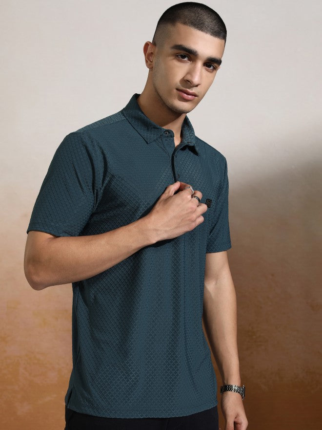 Highlander Men Teal Self Design Polo Collar T-Shirt - Teal - Image 6