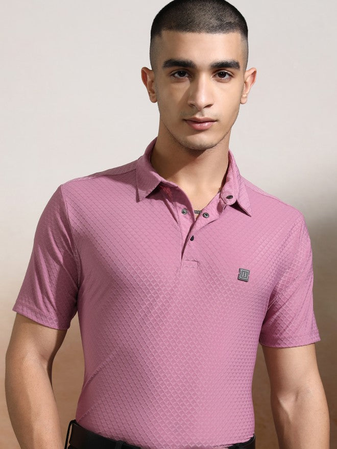 Highlander Men Pink Self Design Polo Collar T-Shirt - Pink - Image 1