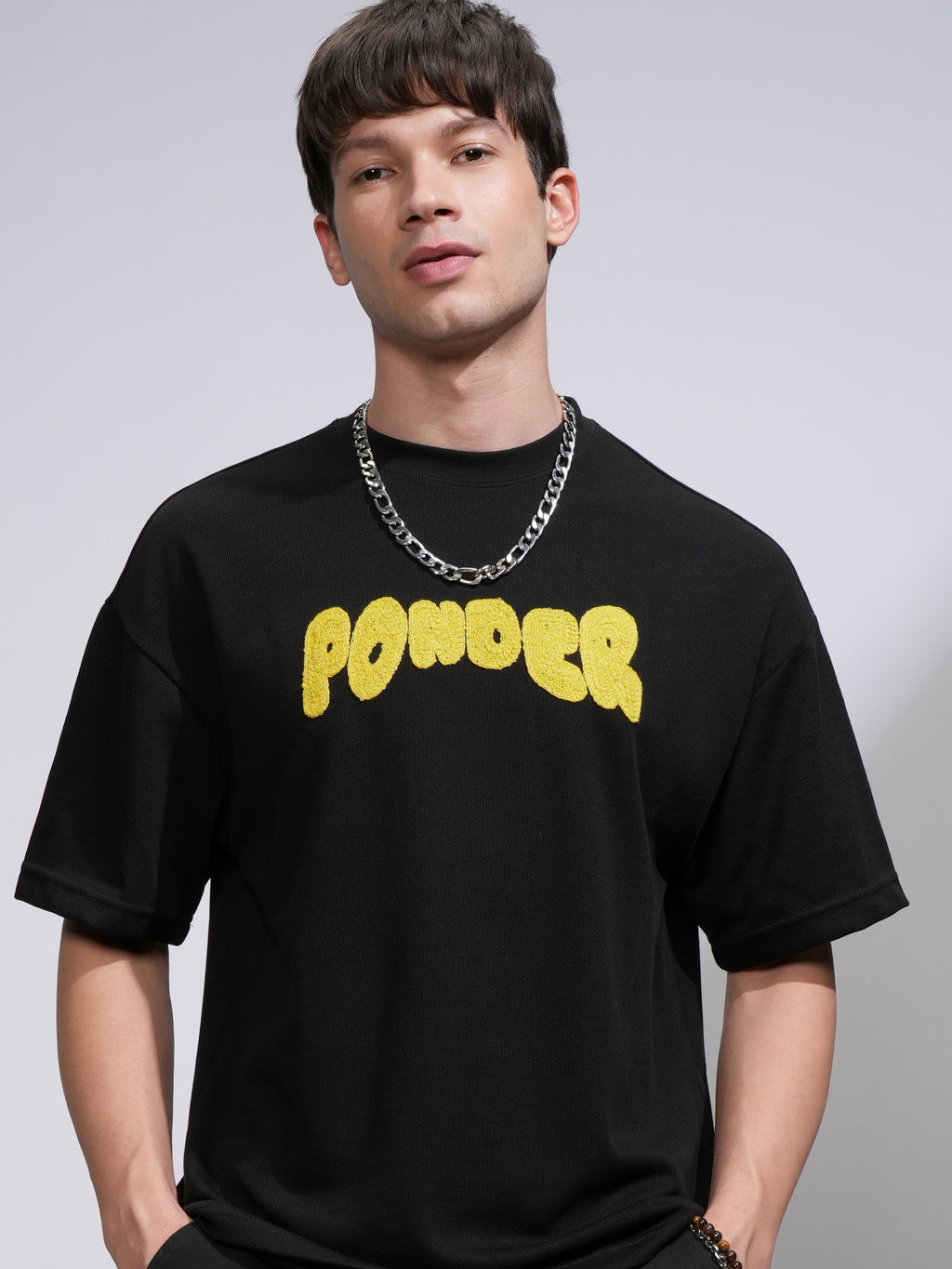 Highlander Men Black Applique Round Neck Oversized Fit T-Shirt - Black - Image 1