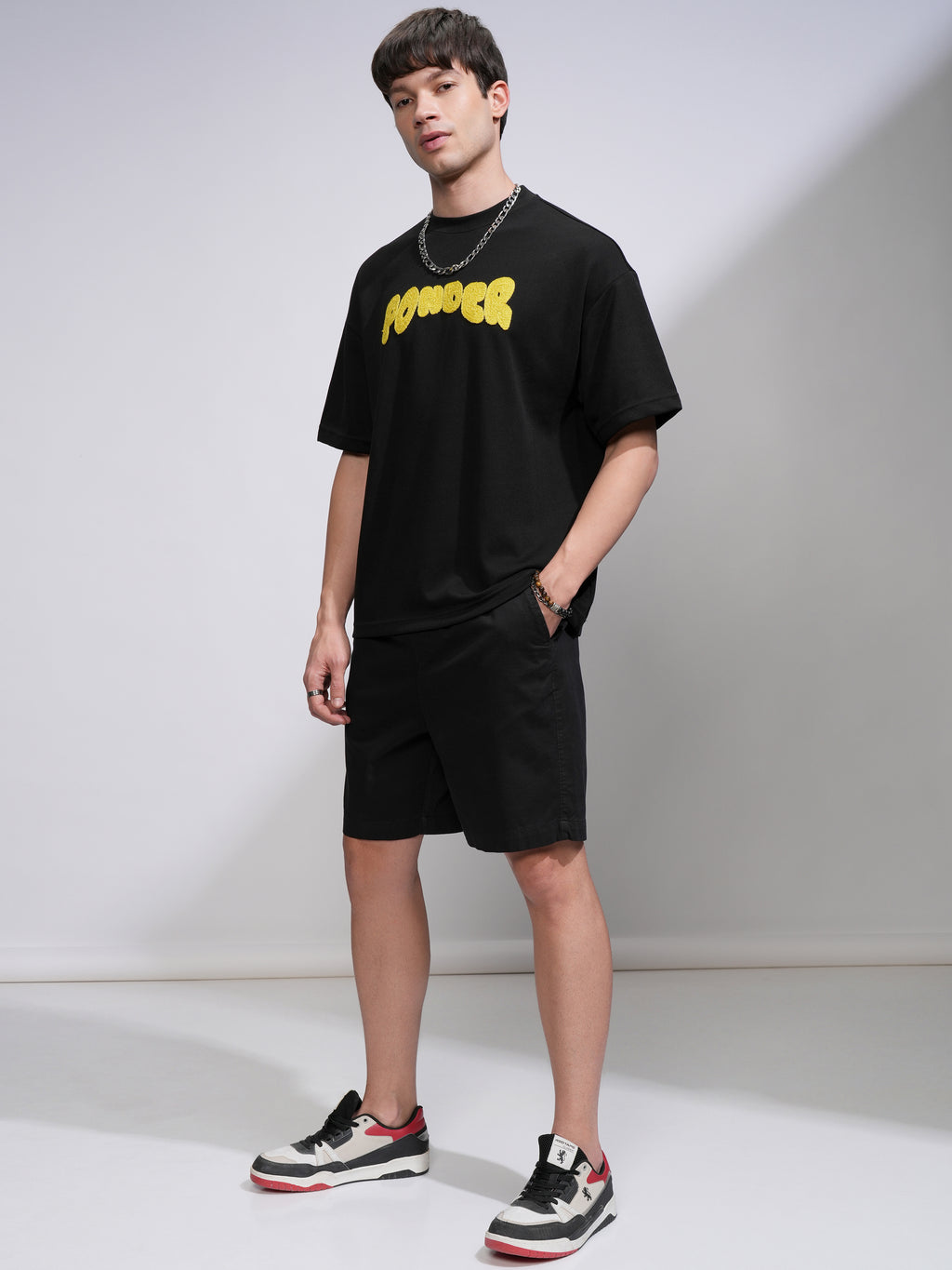 Highlander Men Black Applique Round Neck Oversized Fit T-Shirt - Black - Image 2