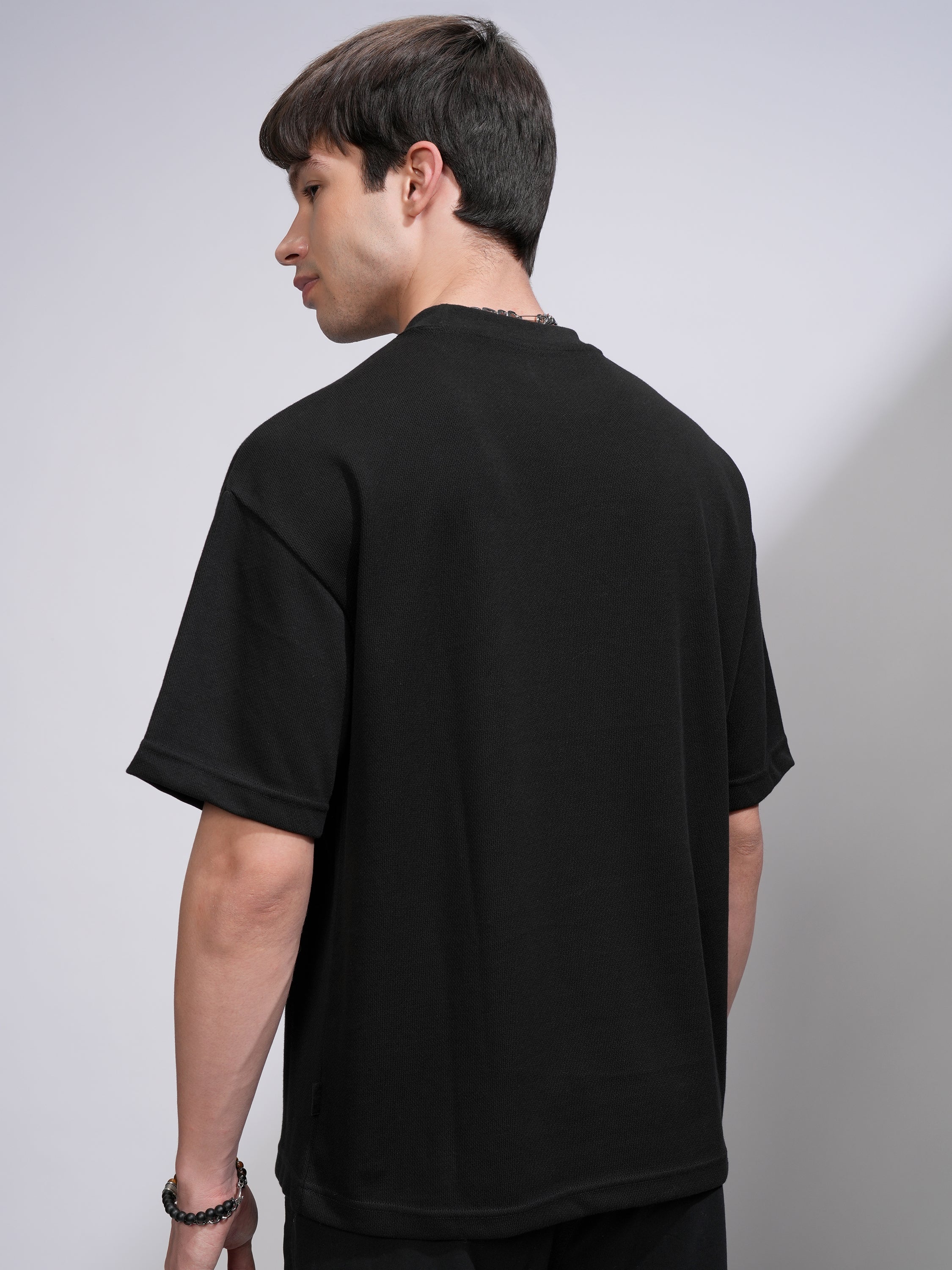 Highlander Men Black Applique Round Neck Oversized Fit T-Shirt - Black - Image 3
